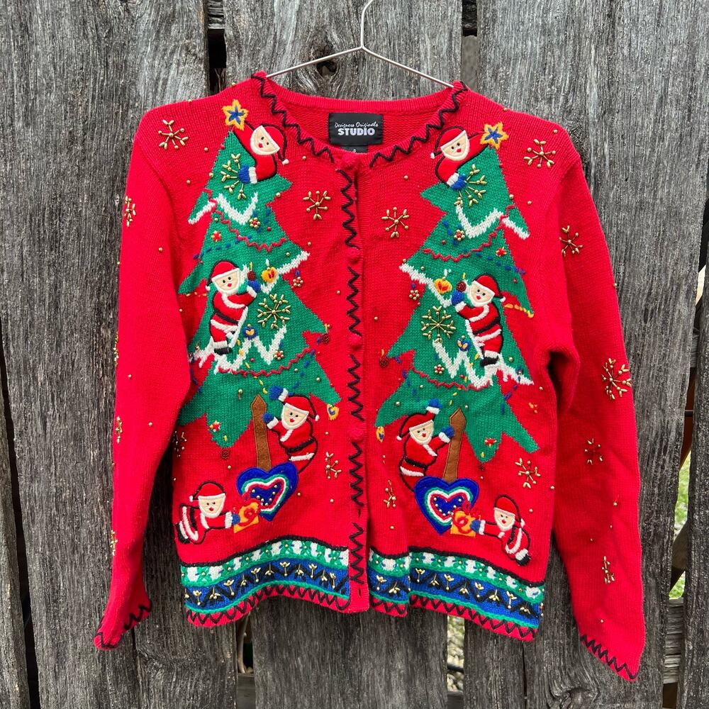 Vintage 90s Ugly Christmas Sweater Santa Tree Trimming Elves Cardigan SMALL